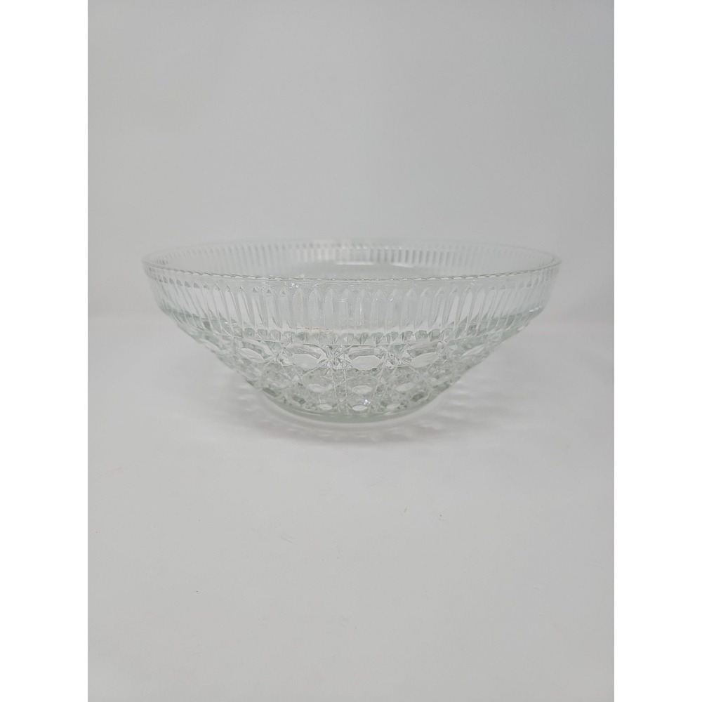 Vintage Clear Pressed Glass Serving Bowl Diamond‎ Point Thumbprint Starburst 8in